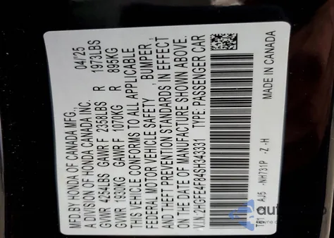 2025 Honda Civic Sport z USA, uszkodzony, nr VIN 2HGFE4F84SH343331